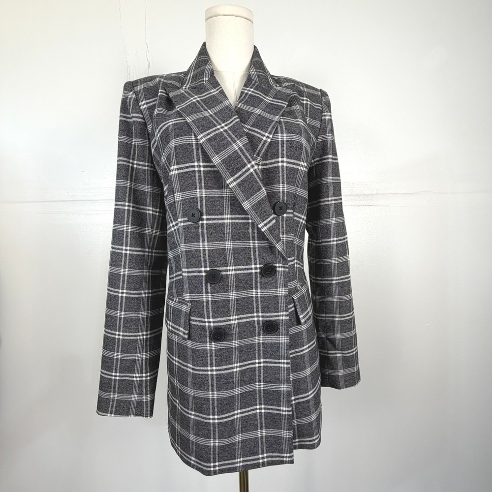 Marled Reunited Clothing Grey Plaid Double Breasted Blazer Jacket S Oversized